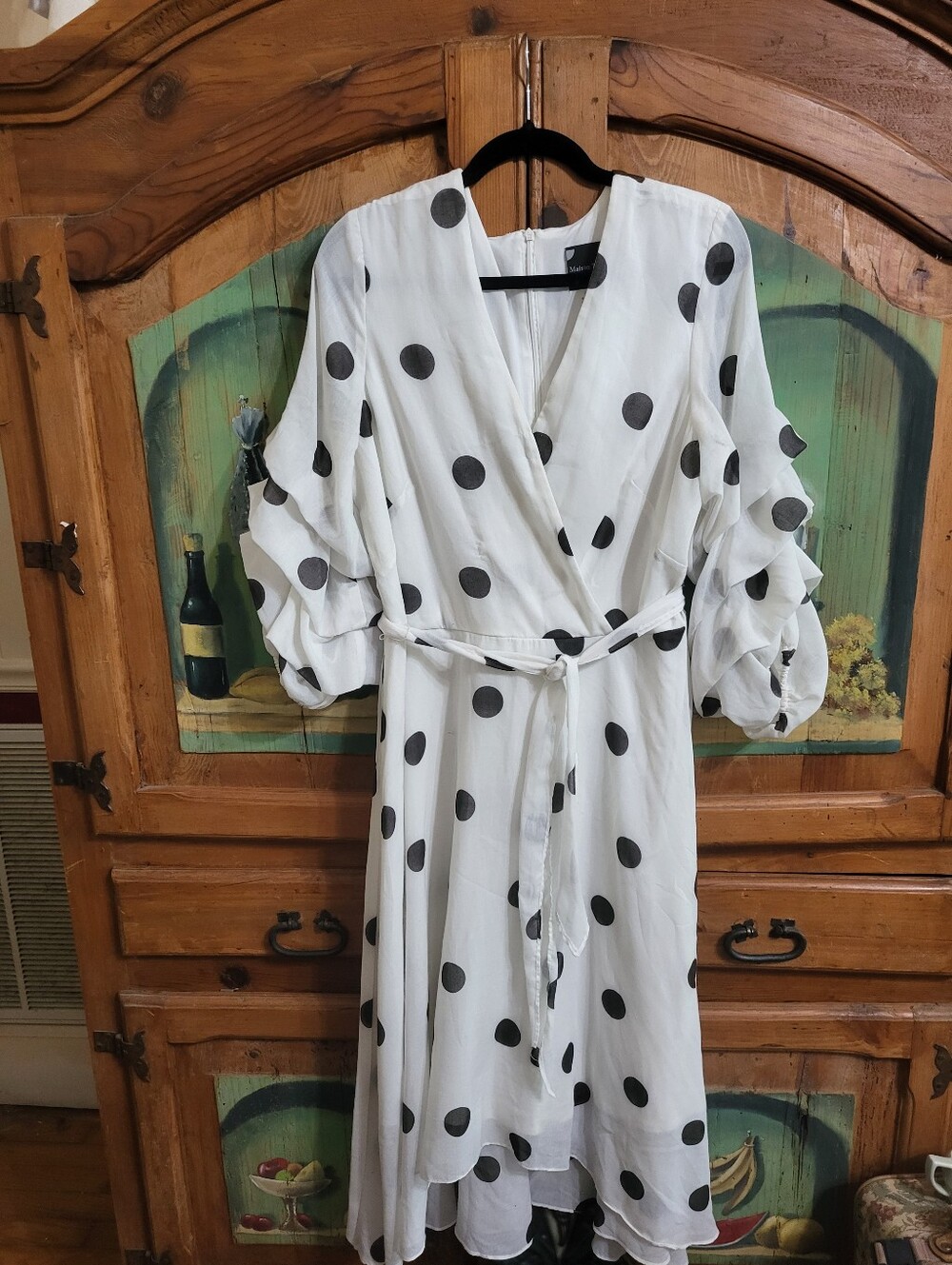 Maispn Tara Polka Dot Wrap Midi Dress - White with Black Dots